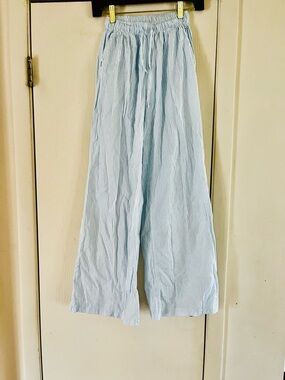 Subdued Pinstripe Nautical Cotton Drawstring Beach Coastal Pull On Pants Xs